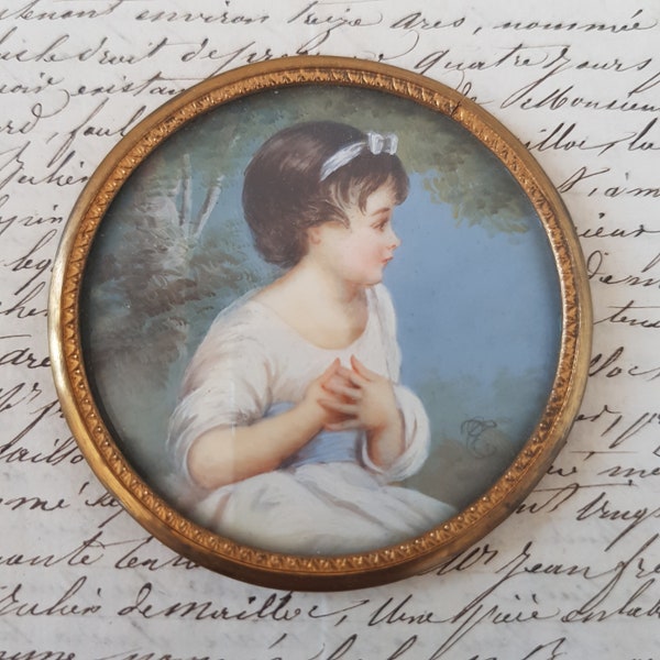 Miniature Ancienne Portrait De Jeune Fille Signée XIXème Napoléon III