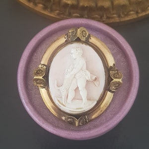 Broche giratorio victoriano, antiguo porta-recuerdos, camafeo de concha rosa, siglo XIX