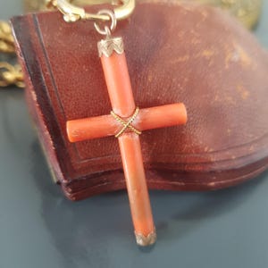 Antique Victorian Gold Mediterranean Coral Cross Pendant XIXth Century French Jewellery