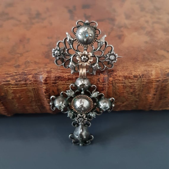 Antique Provencal Silver Gold Diamonds Cross Butt… - image 2