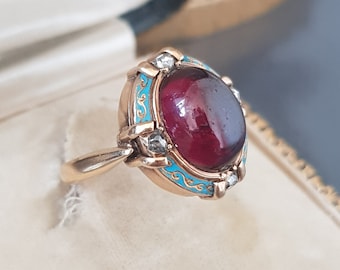 French Edwardian 18 K Gold Glass Cabochon Rose Cut Diamonds Enamel Ring C 1900