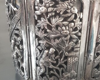 Bracelet Manchette Argent Massif Filigrane - Style Cambodge/Indochine, 80gr, Argent 950