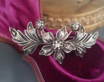 Grande Broche Ancienne Fleur Argent Or Diamants Taille Rose C 1800