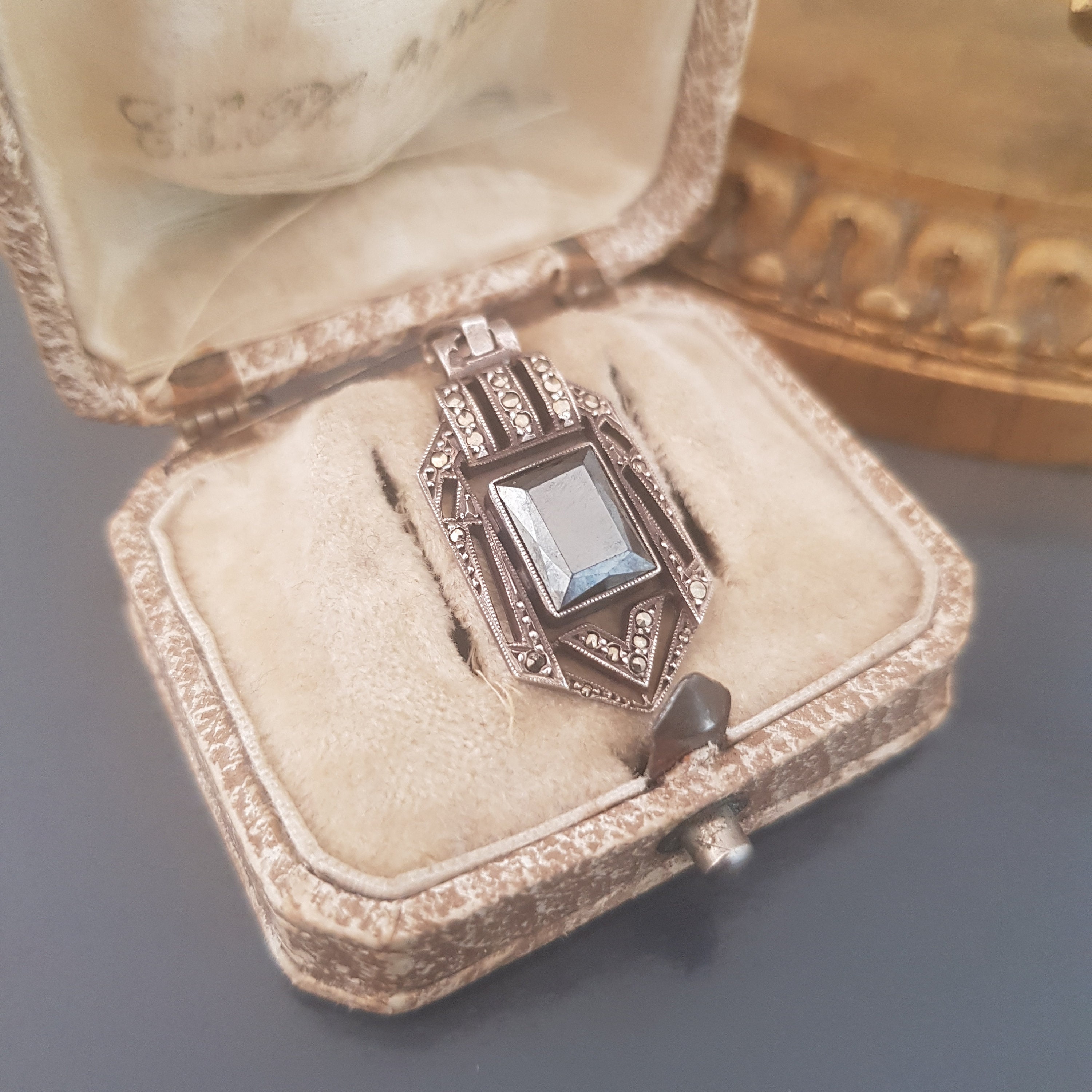 Pendentif Ancien 1900 En Argent Massif Avec Hématite Et Marcassites - Bijou Vintage