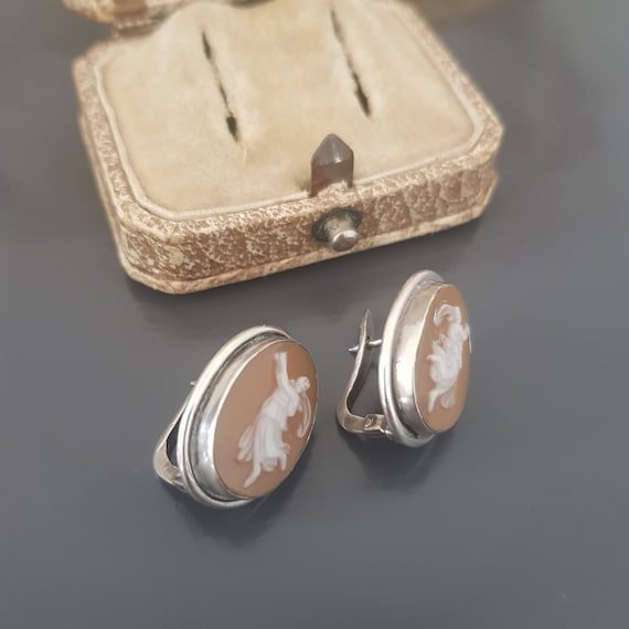 Antique Shell Cameo Sterling Silver Earrings Late… - image 3