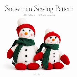 May include: Two white plush snowmen with red hats, red mittens, red feet, and dark green scarves. Each snowman has black button eyes, three black buttons on the torso, and an orange nose. Text reads: Snowman Sewing Pattern, PDF Pattern, 2 Sizes Included, bhrdolls.