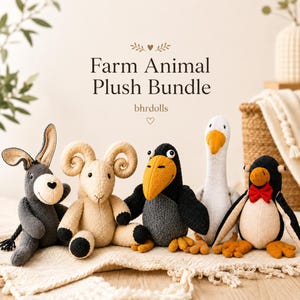 May include: A Farm Animal Plush Bundle featuring a donkey, ram, crow, goose, and penguin. The plush toys are in various colors, including gray, beige, black, and white. The penguin has a red bow tie. The text "Farm Animal Plush Bundle" is displayed.