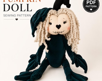Naaipatroon voor een Halloween pompoenpop, handleiding voor een knuffelpop, sjabloon voor een stoffen lappenpop (PDF-download)
