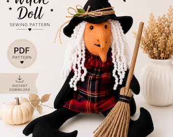 Witch Doll Sewing Pattern, Halloween Plush Toy Tutorial, Fabric Doll, Instant Download (PDF)
