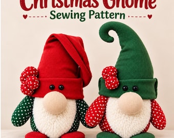 Può includere: Due gnomi in tessuto con il testo Christmas Gnome Sewing Pattern. Lo gnomo a sinistra ha un cappello rosso, braccia a pois verdi e una barba bianca. Lo gnomo a destra ha un cappello verde, braccia a pois rossi e una barba bianca.