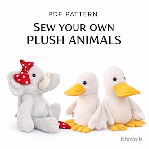 May include: A PDF pattern for making plush toys. The image features a grey elephant soft toy with a red bow and two white duck soft toys with yellow beaks and feet. Text reads "Sew Your Own Plush Animals".