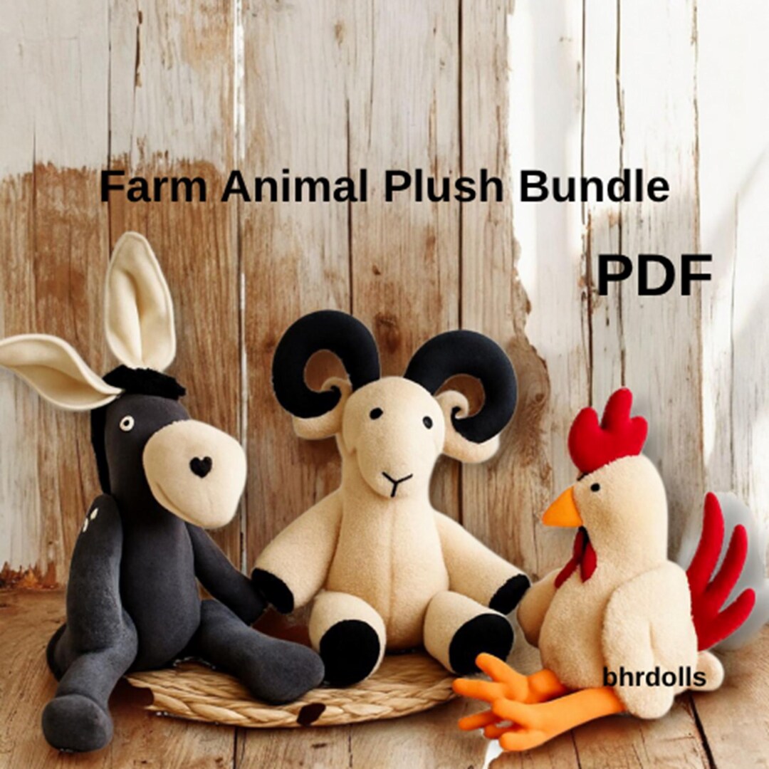 Farm Animal Plush Sewing Pattern Bundle: Donkey, Ram, Rooster (PDF ...