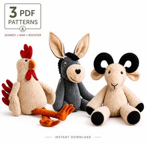 May include: Three plush toys including a beige rooster with red accents, a dark grey donkey with long ears, and a beige ram with black curled horns. Text at the top reads 3 PDF PATTERNS DONKEY RAM ROOSTER and text at the bottom reads INSTANT DOWNLOAD.