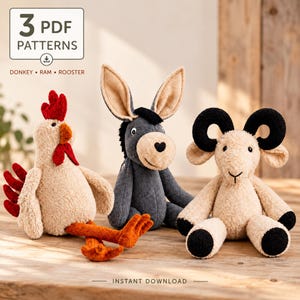May include: Three plush animal toys including a beige rooster with red accents, a dark gray donkey with long ears, and a cream-colored ram with black horns and hooves. Text reads 3 PDF PATTERNS DONKEY RAM ROOSTER and INSTANT DOWNLOAD.