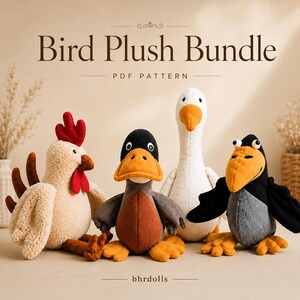 May include: A collection of four bird plush toys: a rooster, a duck, a goose, and a crow. The rooster is beige with a red comb, the duck has a black head and orange beak, the goose is white, and the crow is black with an orange beak. The text "Bird Plush Bundle" is at the top.