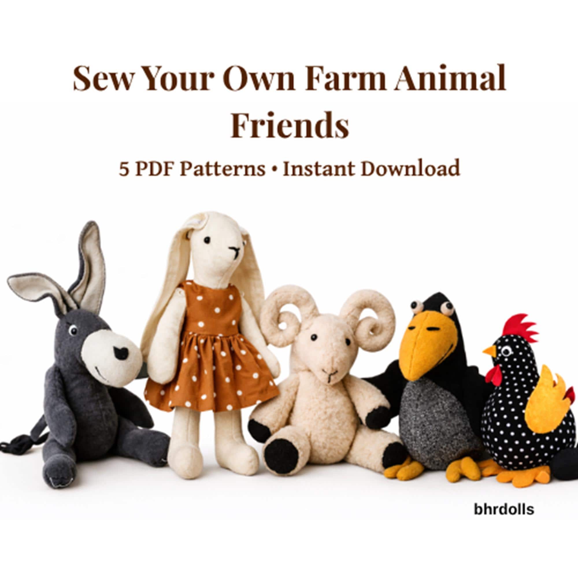 Farm Animal Plush Sewing Pattern Bundle PDF – Donkey, Ram, Crow, Bunny ...