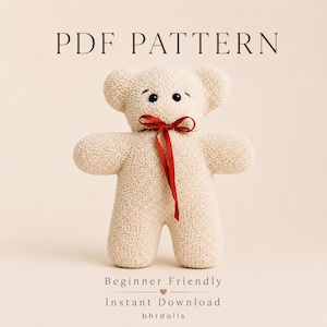 Pode incluir: Um urso de pelúcia creme com uma fita vermelha amarrada ao pescoço. O urso tem olhos pretos de botão e uma aparência texturizada e difusa. O texto na parte superior diz "PDF PATTERN", com "Beginner Friendly" e "Instant Download" na parte inferior.