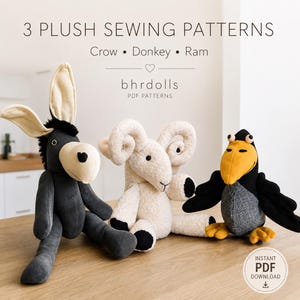 Farm Animal Plush Sewing Pattern Bundle PDF | Donkey, Ram & Crow Stuffed Animal Patterns | DIY Soft Toy Tutorial
