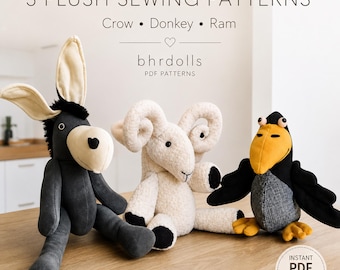 Farm Animal Plush Sewing Pattern Bundle PDF | Donkey, Ram & Crow Stuffed Animal Patterns | DIY Soft Toy Tutorial
