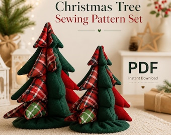 May include: Two fabric Christmas tree ornaments in different sizes, featuring dark green felt and red plaid fabric panels. The text reads Christmas Tree Sewing Pattern Set, PDF Instant Download, and bhrdolls.