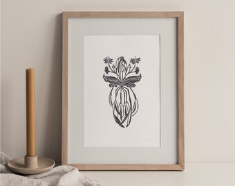Linoprint A4 bloemknop | Originele druk | Kunstdruk | beperkte oplage | originele linosnede | Plantenmotief | abstracte vormen