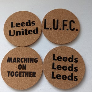 Set of 4 cork coasters with Leeds United follower messages - ideal for Leeds fans everywhere.