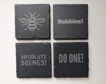 Set of 4 slate coasters for Manchester folk! Choose from two sets