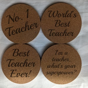 Set of 4 cork coasters with teacher messages, personalisation available