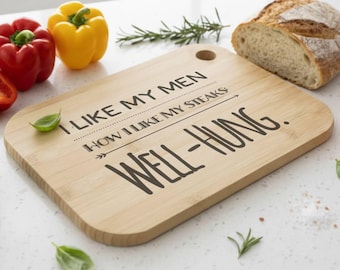 Funny Engraved Bamboo Cutting Board: "Well-Hung Steaks", ideal gift for friends and loved ones