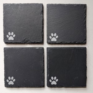 4 slate coasters with engraved paw prints at the bottom left, for dog lovers, pet pooches, perfect for dog lovers