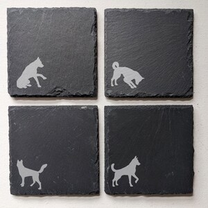 4 slate coasters of 4 lovely small dog silhouettes in the corner for dog lovers, pet pooches, 2 sets available, perfect for dog lovers