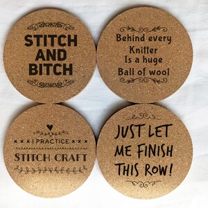 Set of 4 cork coasters with cute messages ideal for crafters, sewers, knitters, quilters