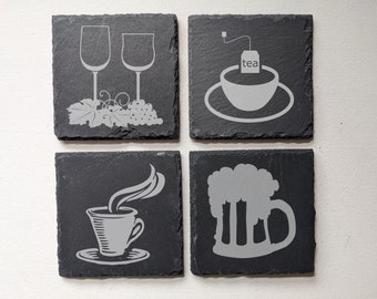 Set of 4 slate coasters for tea, coffee, wine or beer lovers