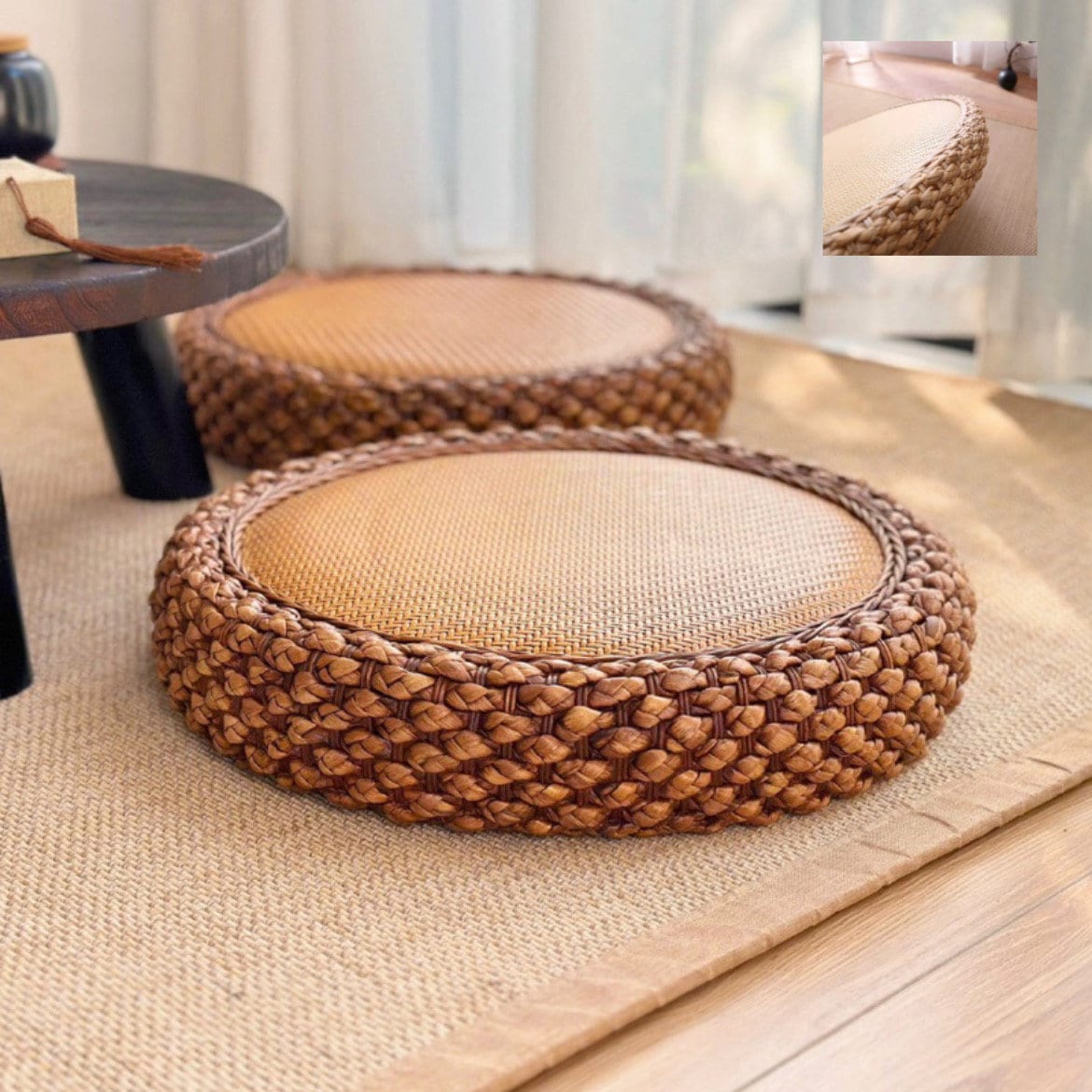 Handwoven Round Straw Tatami Cushion, Japanese Style Straw Cushion