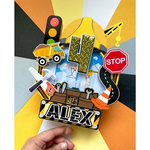 Construction Cake Topper with Confetti & LED Lights, Crane Dump Truck Excavator Bulldozer Party Decor Shaker Topper