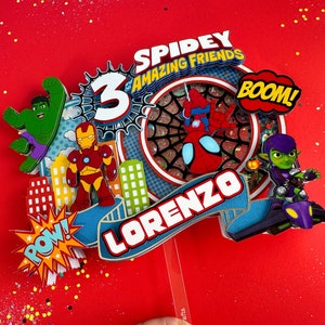 Spidey & His Amazing Friends Cake Topper w/ Confetti n LED Miles Morales Peter Parker Ghost Spider Goblin Avengers Birthday Party Decor