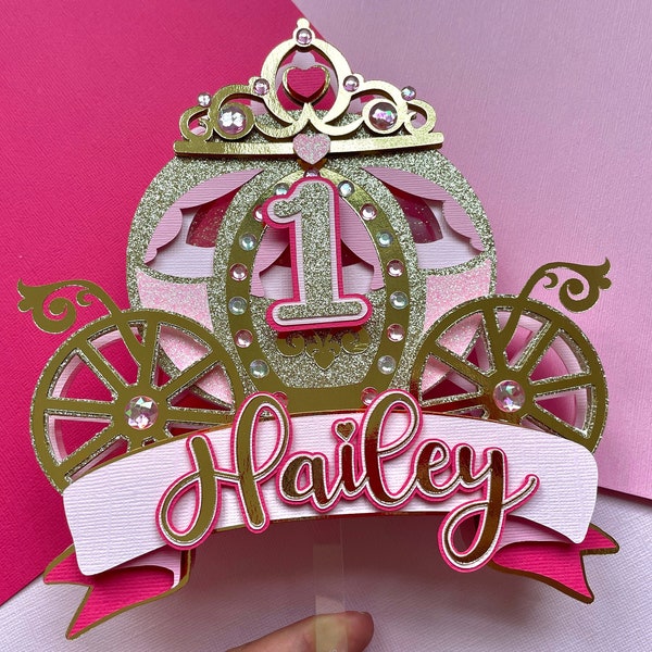 Royal Princess Cake Topper with Confetti & LED Lights, Carriage Birthday Topper, First Birthday Princess Decor