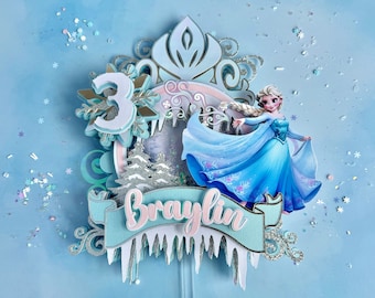 Frozen Elsa Cake Topper w/ Confetti & LED Lights Frozen Anna Elsa Olaf Birthday Party Decor Winter Wonderland