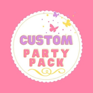 May include: A white circle with a scalloped edge and a gold swirl design. The text "CUSTOM PARTY PACK" is in pink and purple letters on a white background. There are butterflies in pink, yellow, and purple around the circle.