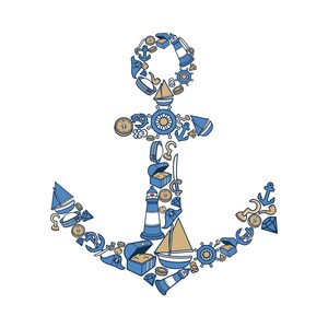 Puede incluir: Un ancla azul formada por iconos de temática náutica, incluyendo un faro, una brújula, un timón, un cofre del tesoro y un velero.