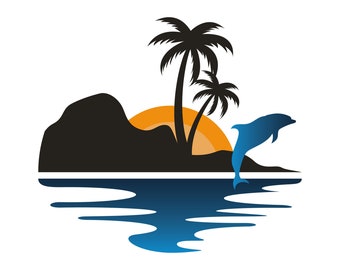 Dolphin Palm Tree Sunset SVG: Summer Vacation Art (Digital Download)