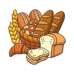 May include: A basket filled with various breads, including a loaf of white bread, a baguette, a croissant, and several rolls. The basket is made of woven wicker and has a yellow wheat stalk design.
