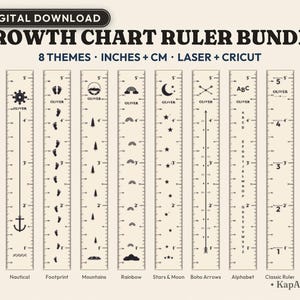 Growth Chart Ruler SVG Mega Bundle, 8 Themes Height Chart for Kids, Nautical Rainbow Boho Alphabet, Laser Cut and Cricut Files, Dxf Png