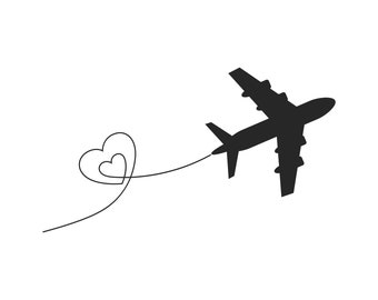 May include: A black silhouette of an airplane flying with a heart-shaped trail behind it.