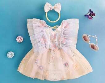 Baby Girl Romper Dress – Summer Butterfly Mesh Outfit | 3D Floral Embroidery Fly Sleeve Jumpsuit + Headband Set, Infant Princess Clothes