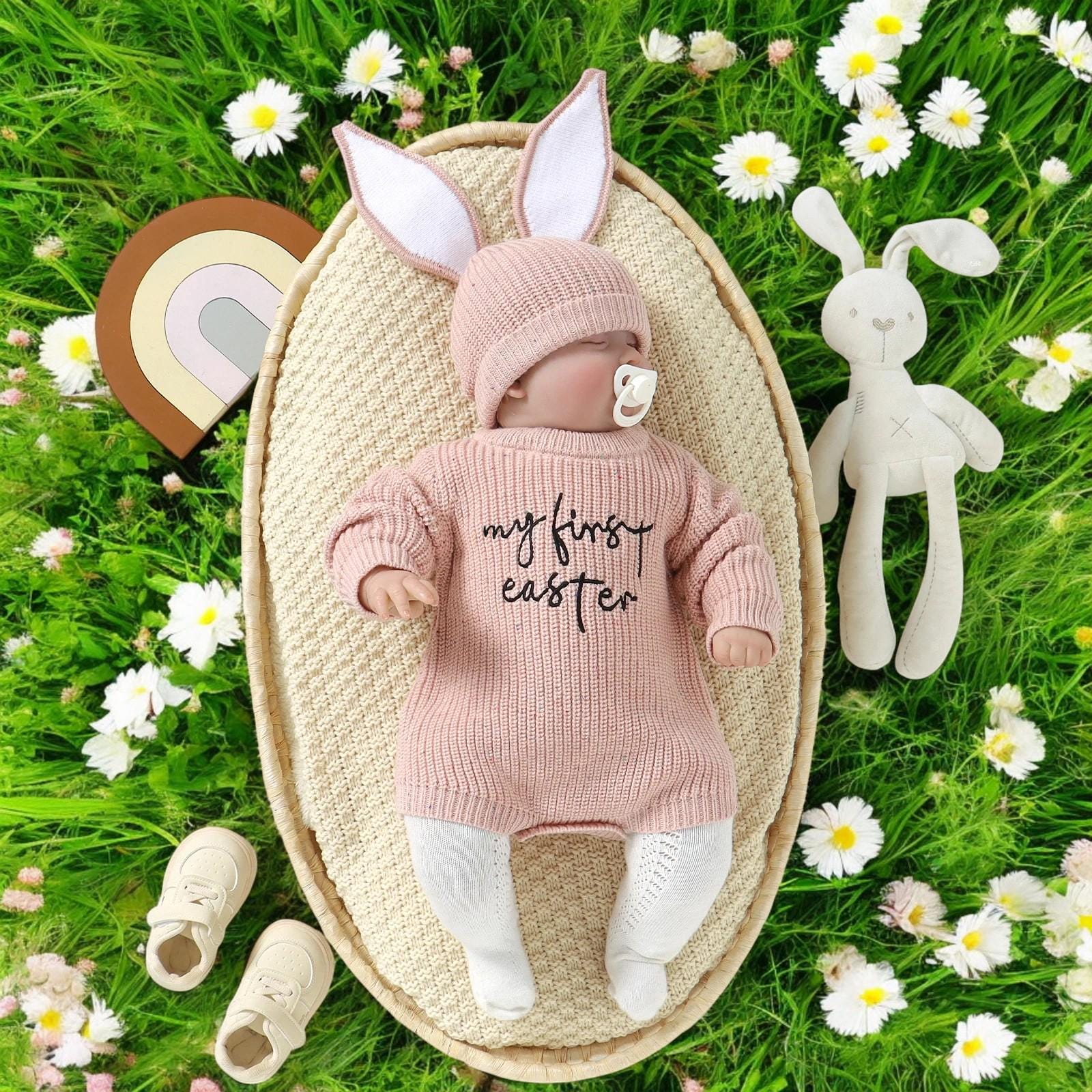 Baby’s First Easter Romper – Knit Sweater Jumpsuit & Bunny Ear Hat | Infant Long Sleeve Outfit, Easter Baby Clothes, Cute Spring Baby Wear