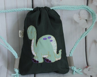 1 einzigartiger Kinderrucksack - Turnbeutel - Wanderbeutel - Dekostoff - Dunkelgrün - Dino