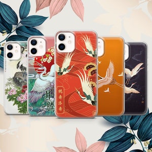 Crane phone case Japanese birds cover fit for iPhone 15 Pro Max, 14 Plus, 13, 12, 11, XR, XS & Samsung S24, S23, A15, A53, Pixel 8, 7