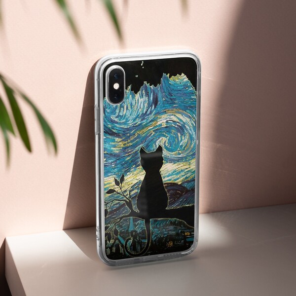 Cat phone case Starry Night cover fit for iPhone 15 Pro Max, 14 Plus, 13, 12, 11, XR, XS & Samsung S24, S23, A15, A53, Pixel 8, 7