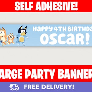 Bluey Dog Kids Personalised Birthday Party Self Adhesive Banners (110cm x 22cm) - Extra Large!